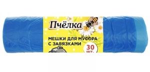 Пакет для мусора 60 л (12) в рулоне с завязками голубой 30шт/рул Пчелка